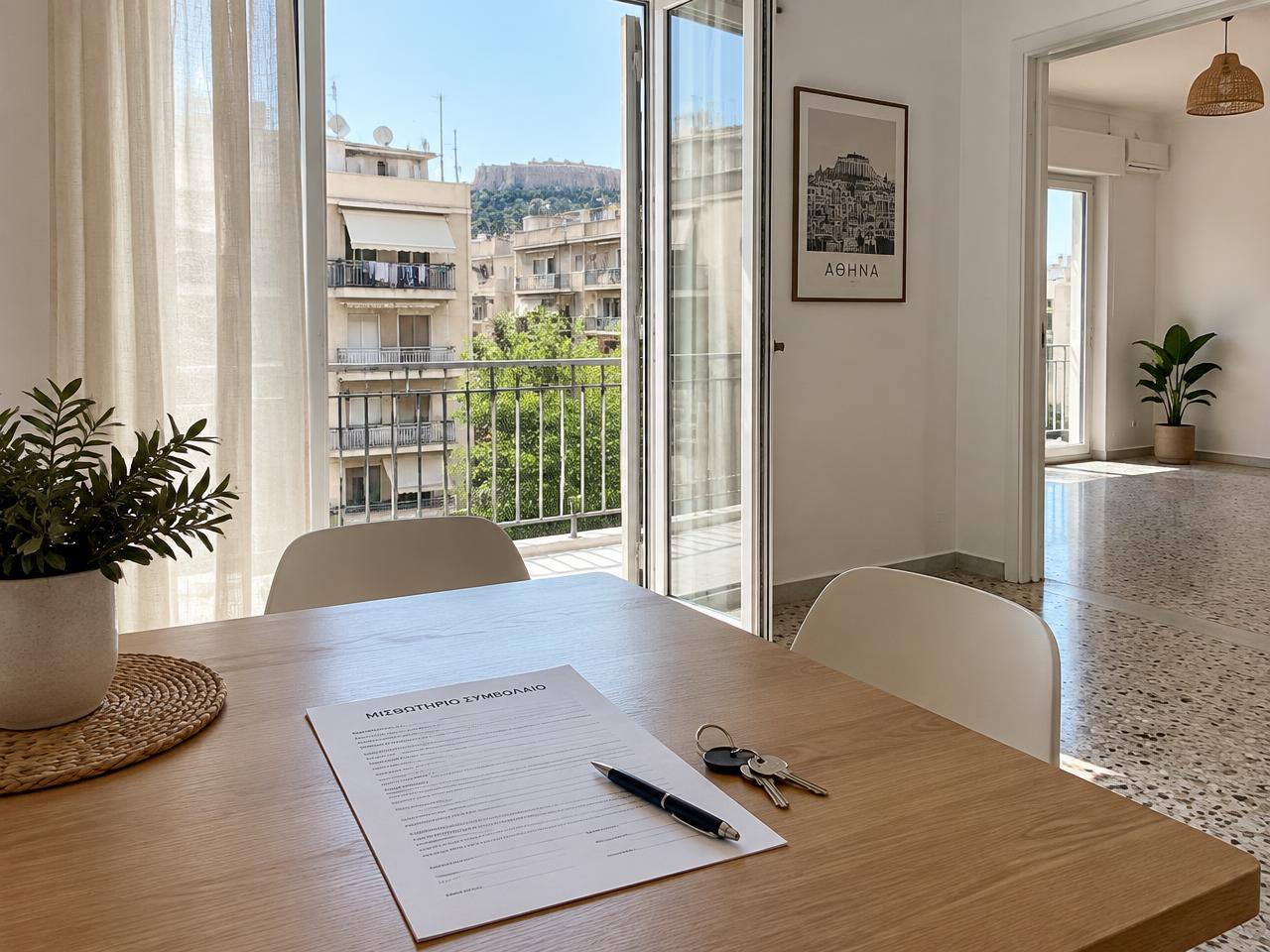 A lease agreement, pen and keys on a table in a bright Athens apartment